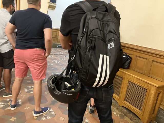 Jersey City residents brought bicycle helmets to the Wednesday, August 17th council meeting, in support of the cyclist injured when struck by Councilwoman Amy DeGise's SUV.
